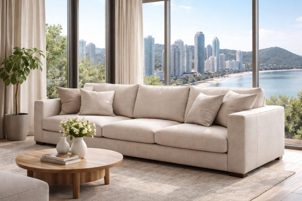 Limpeza de Sofá em BC: Por que esse cuidado é essencial para sua casa, sua saúde e seu conforto. 2 Limpeza de Sofá em BC em sofá de linho em sala moderna com vista para Balneário Camboriú