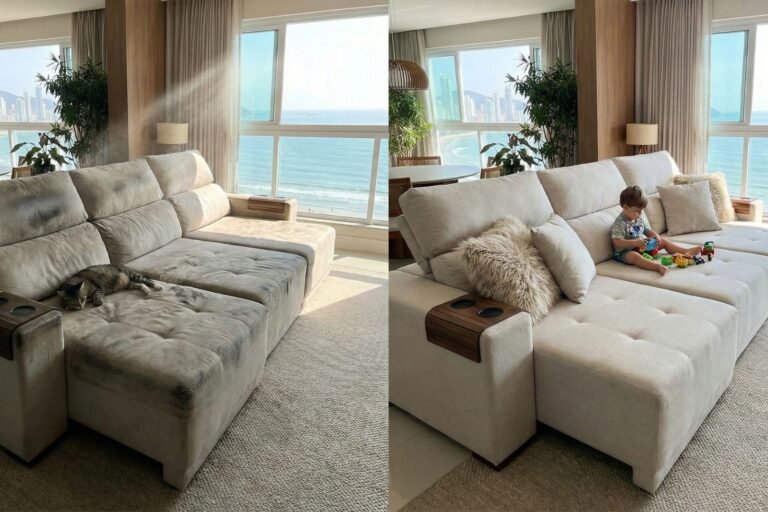 Inicio 13 Comparativo de antes e depois da higienização de um sofá em Balneário Camboriú, mostrando os sinais visuais de sujidade que indicam que chegou a hora de limpar seu sofá.