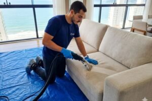 Técnico da Excellence Higienização, uniformizado e com proteção nos pés, realizando a higienização de sofá a domicílio Balneário Camboriú em um apartamento de alto padrão frente mar. Ele utiliza uma extratora em um sofá de linho bege, com o piso protegido por uma lona azul.