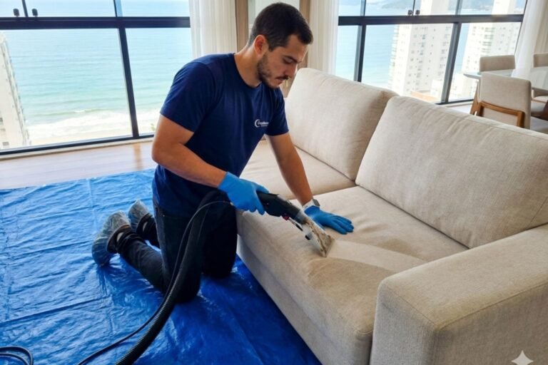Inicio 13 Técnico da Excellence Higienização, uniformizado e com proteção nos pés, realizando a higienização de sofá a domicílio Balneário Camboriú em um apartamento de alto padrão frente mar. Ele utiliza uma extratora em um sofá de linho bege, com o piso protegido por uma lona azul.
