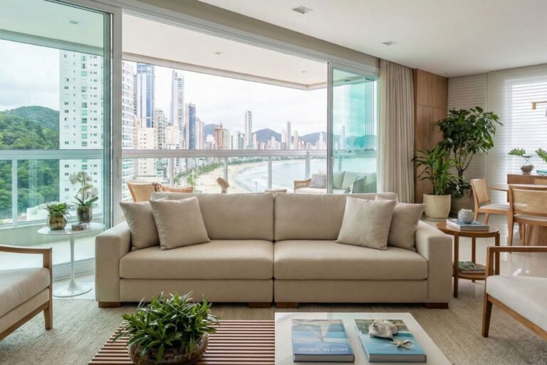 Inicio 14 Sofá de linho bege higienizado e livre de manchas em um apartamento com vista para a orla, demonstrando o resultado de uma limpeza de sofá Balneário Camboriú profissional.