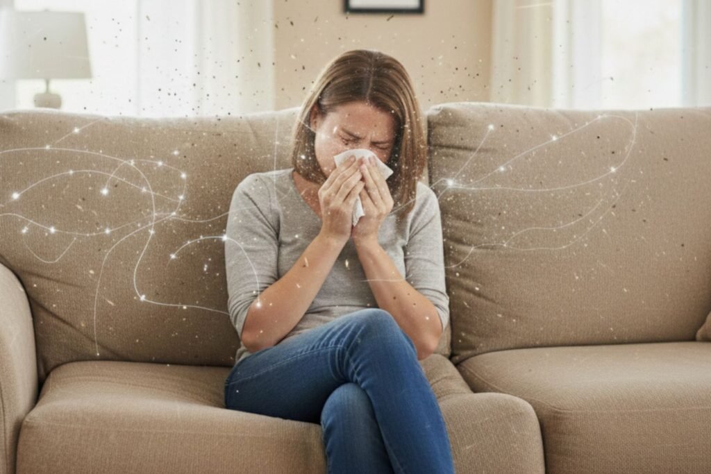 Seu sofá está te deixando doente? Sinais de que é hora de higienizar (e como salvar seu estofado) 1 Mulher sentada em um sofá de tecido claro, com crise de rinite e espirrando em um lenço devido ao acúmulo de ácaros e poeira, ilustrando a necessidade de higienização de sofá em Balneário Camboriú para saúde respiratória