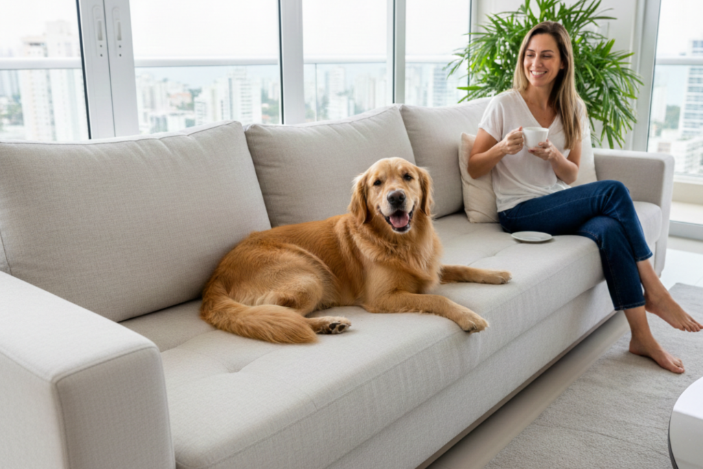 Mulher sorridente tomando café em um sofá de linho bege claro de alto padrão, acompanhada por seu cão Golden Retriever deitado confortavelmente, exemplificando a tranquilidade após a impermeabilização de estofados em BC.