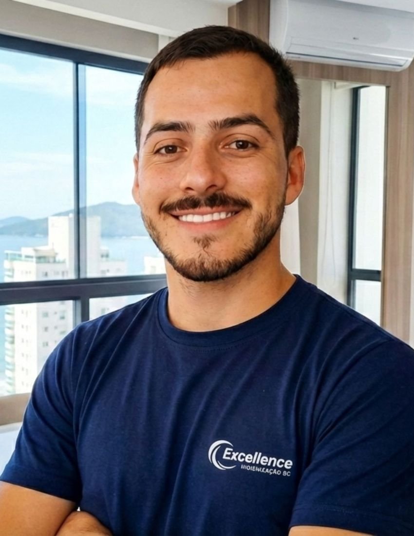 Retrato profissional e sorridente de um representante da Excellence Higienização BC, vestindo uma camiseta azul marinho com o logotipo da empresa visível. Ele está de braços cruzados e posicionado em um interior de apartamento moderno com uma janela panorâmica que oferece uma vista litorânea e urbana espetacular. Esta imagem simboliza a confiança oferecida pela empresa especializada em limpeza de estofados em Balneário Camboriú e região.