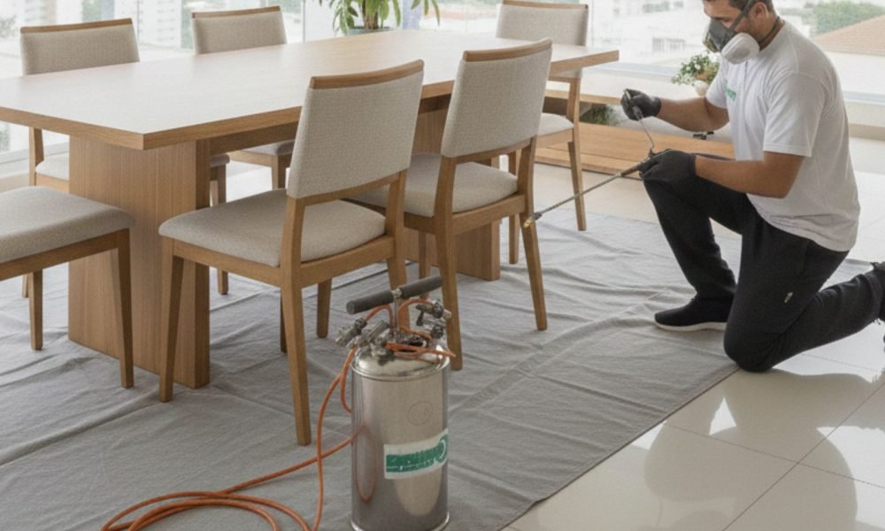 Técnico da Excellence Higienização preparando o ambiente para a impermeabilização de cadeiras de jantar em uma sala de alto padrão, posicionando os móveis sobre uma lona de proteção cinza para garantir a limpeza total do piso durante o processo.
