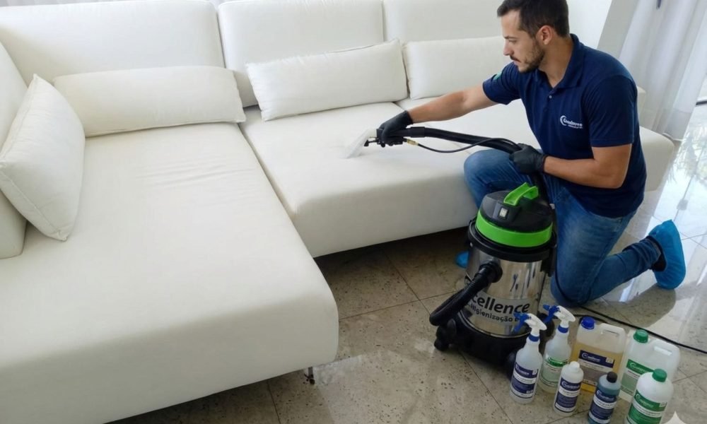 Técnico da Excellence Higienização BC uniformizado e com EPIs realizando limpeza técnica de sofá branco com extratora profissional e kit de produtos específicos no chão em Balneário Camboriú.