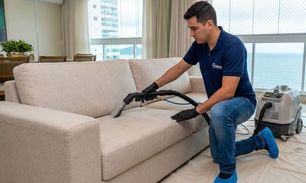 Técnico da Excellence realizando limpeza de sofá em BC em estofado branco, usando extratora e kit de produtos profissionais no chão.